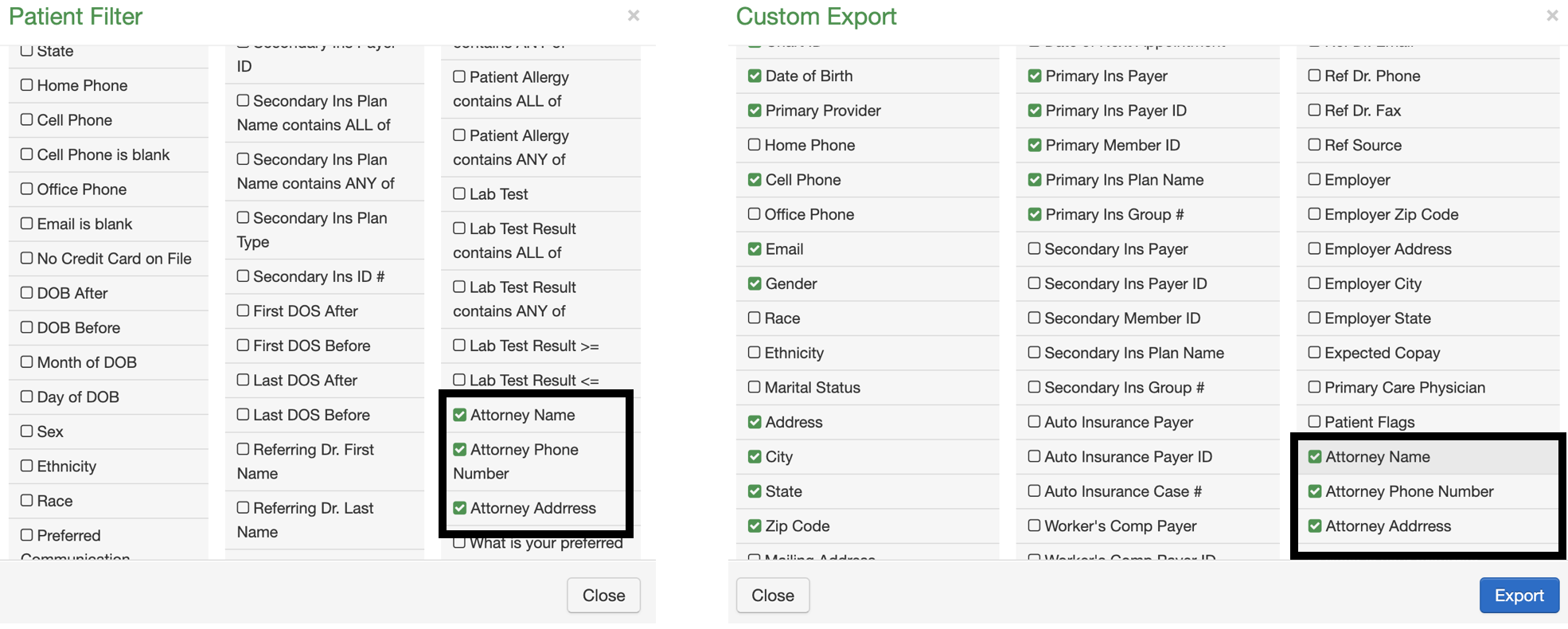 Advanced_Report_Custom_Export_and_Patient_Filters_Attorney_Info_Side_By_Side.png